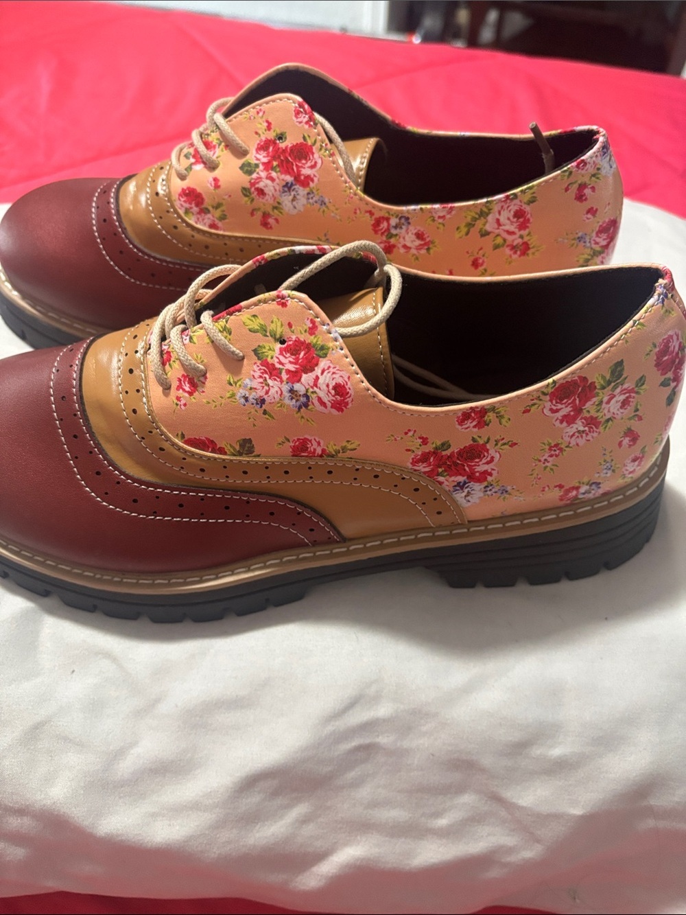 Floral Accent Two-Tone Oxford Flats - Burgundy & Tan - Picture 3 of 7